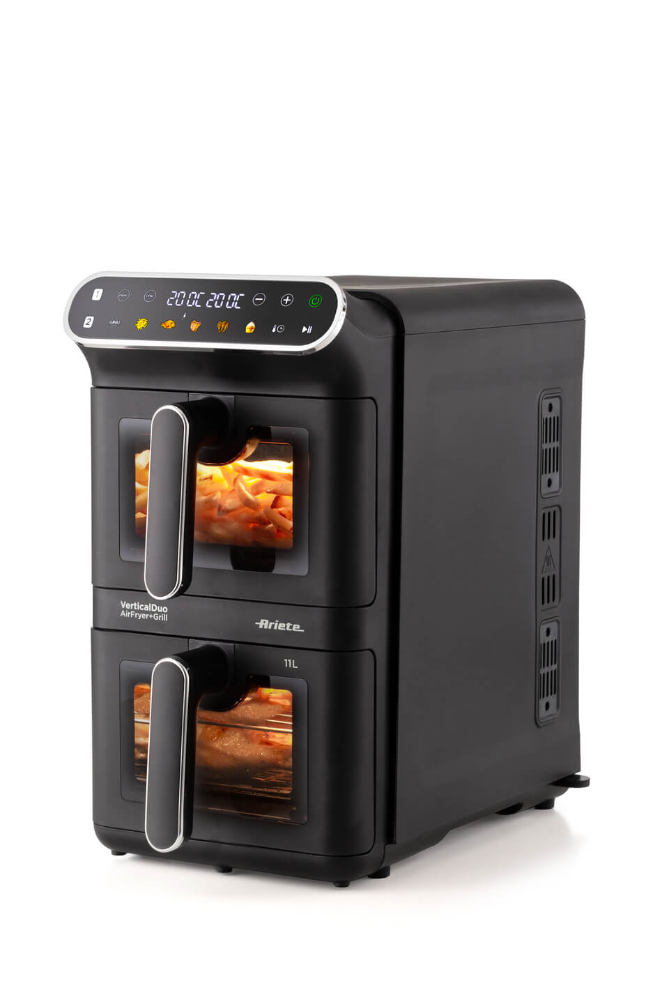 Air Fryer Vertical Duo Ariete 4640 accesa con display touch screen illuminato